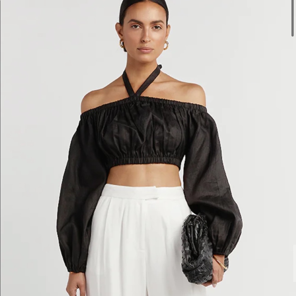 Dissh Black Linen Long Sleeve Crop Top